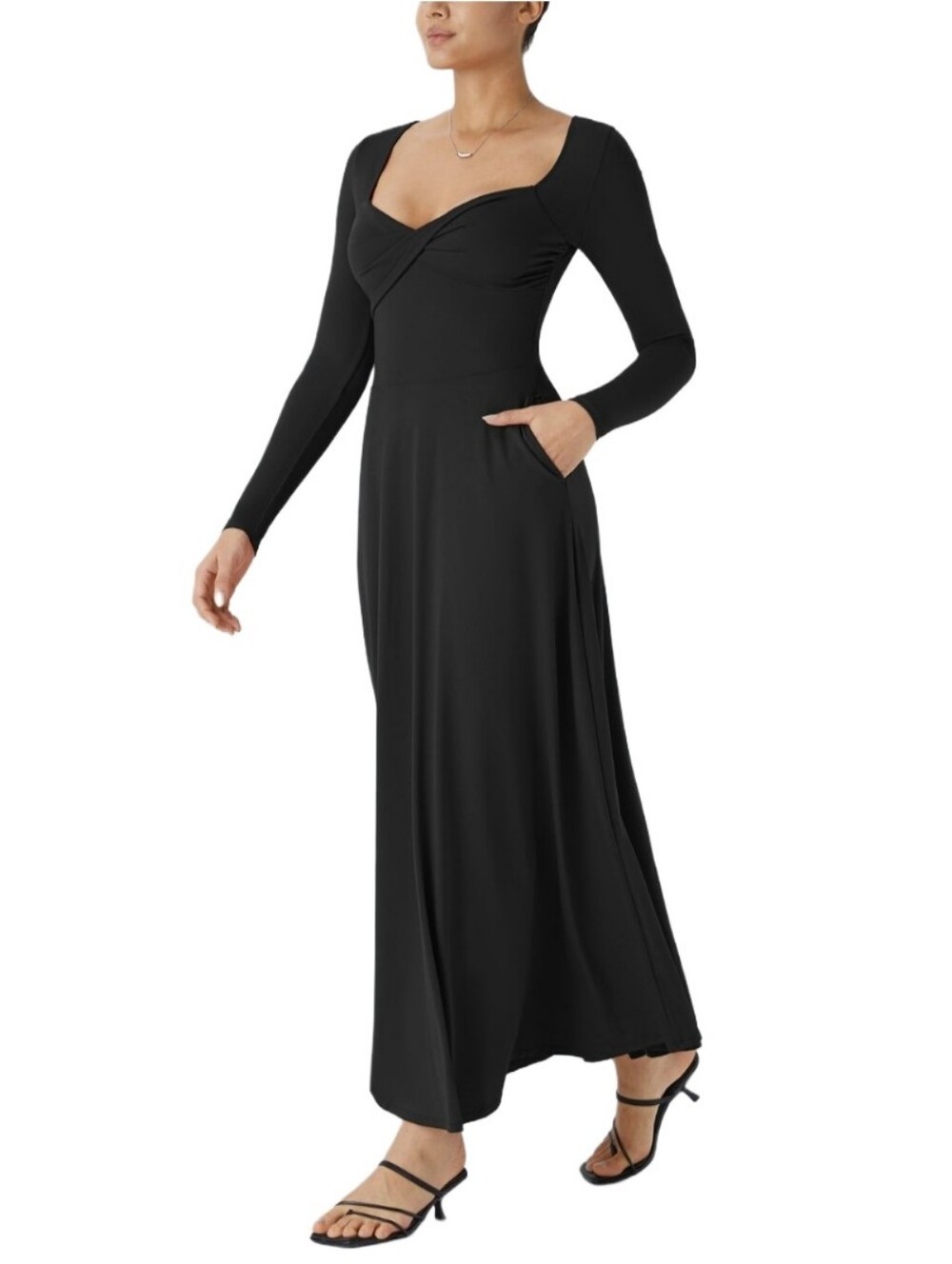 Halara Women's Sweetheart Neckline Long Sleeve Pocket Flare Maxi Dress Size L